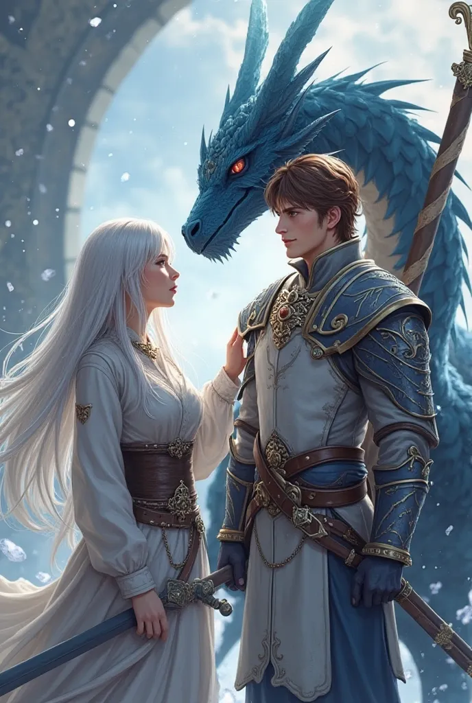 Female and male character from the game Dark Epoch Mu, The female character with long white hair, White shirt with a light collar and a huge belt around the waist, Her soft face intently watching her leader. Seu líder a royal looking knight wearing white a...