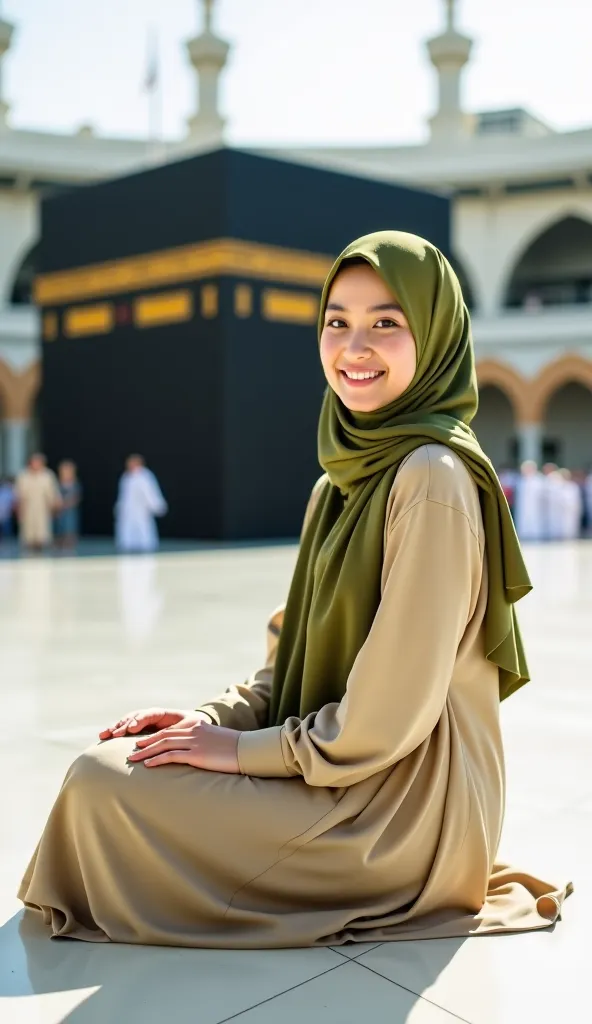 "A young Muslim woman wearing an olive-green hijab sits gracefully on floor in front of kabba in makkah. She has a warm and gentle smile, with expressive eyes that convey kindness. She is dressed in a modest, elegant outfit, featuring a light-colored dress...