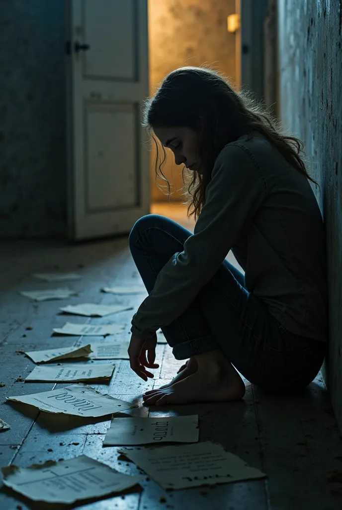 A young woman sitting on the floor with her head down, surrounded by shadows that represent her pain and trauma. Her silhouette is fragile, but deep down, a faint light enters through a half-open door, symbolizing a small hope. on the ground, there are wri...