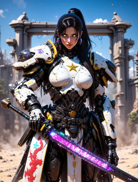 Robotic female samurai with a Black Long Ponytail, tanned skin, glowing yellow eyes, Large Breasts, Voluptuous Build, wielding a High-tech Naginata in her right hand, wearing a white kimono with red dragon floral pattern, Gold 5 pointed star symbol on the ...