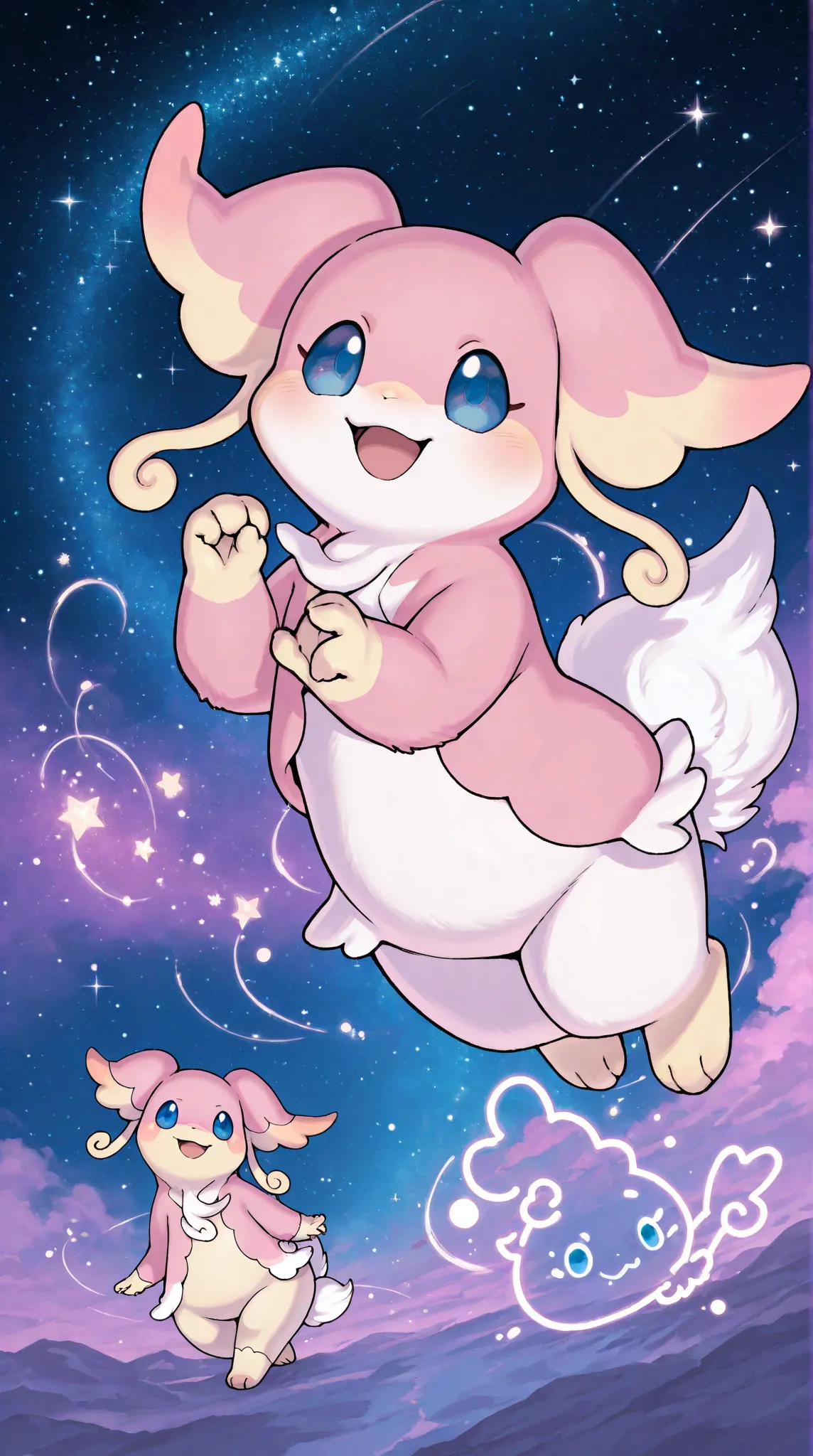 (masterpiece, best quality, highres, ultra detailed:1.2), (solo, no humans, full body), audino, pokemon (creature), blue eyes, pink fur, tail, smile, open mouth, stars, nighttime