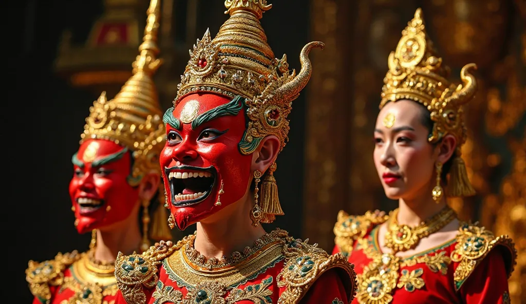 Thai Khon theater performers, ornate traditional golden headdresses with tall spired crowns, intricate embroidered costumes with rich patterns in red green and gold, demon character with fierce red mask sharp fangs and horns, elegant royal couple with sere...