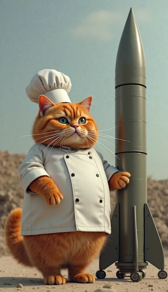 **" Fat, an orange cat dressed as a chef, He wears a real, realistic kitchen hat and stands next to a military missile as if he intended to launch it
The missile is launched from behind the rocket