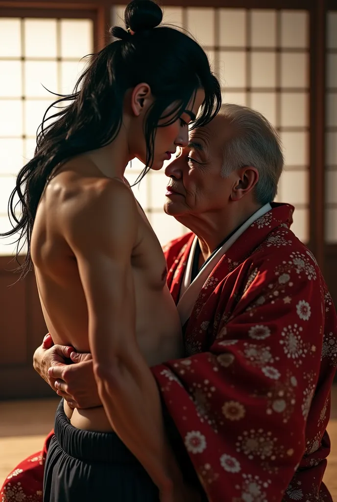 sexy handsome japanese gay long black hair kabuki actor kagema naked body sexy pose hugging old japanese fat man in kimono japanese room background