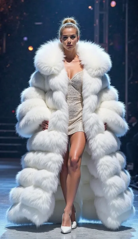 On the stage of America's Got Talent a woman in a white mink fur coat, very wide、very thick Thickness 150 cm, cute,  Thick white mink fur collar, 3 floors、Wearing a thick white mink fur hood、3 floors、(Fur fashion show)、not、Nordic beauties、high ponytail、(se...