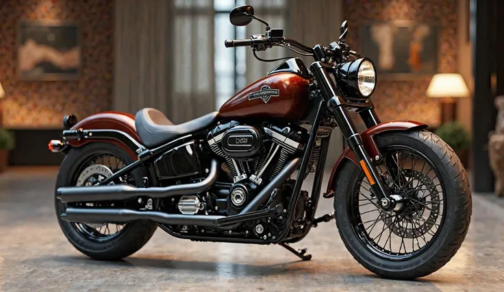 Front left
side view with luxury showroom background blur 2025 Harley Davidson Shovelhead colour brown