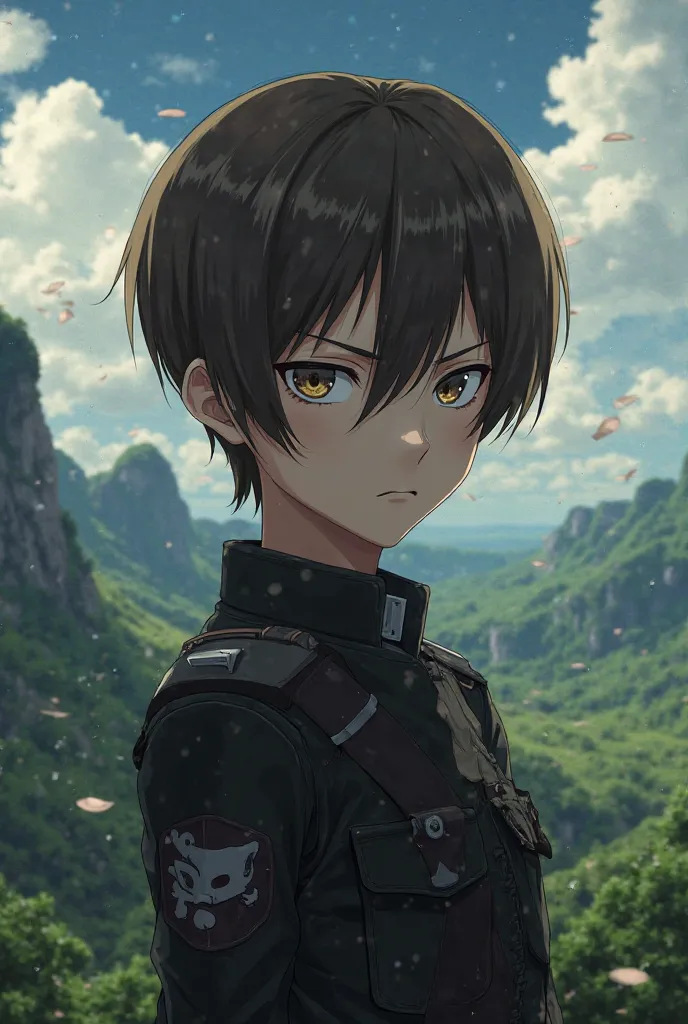 Attack on Titan screencap of a male with white skin, short straight brown hair, brown eyes. Scenery is beautiful. He is wearing a black uniform. MAPPA studios season 4 screencap