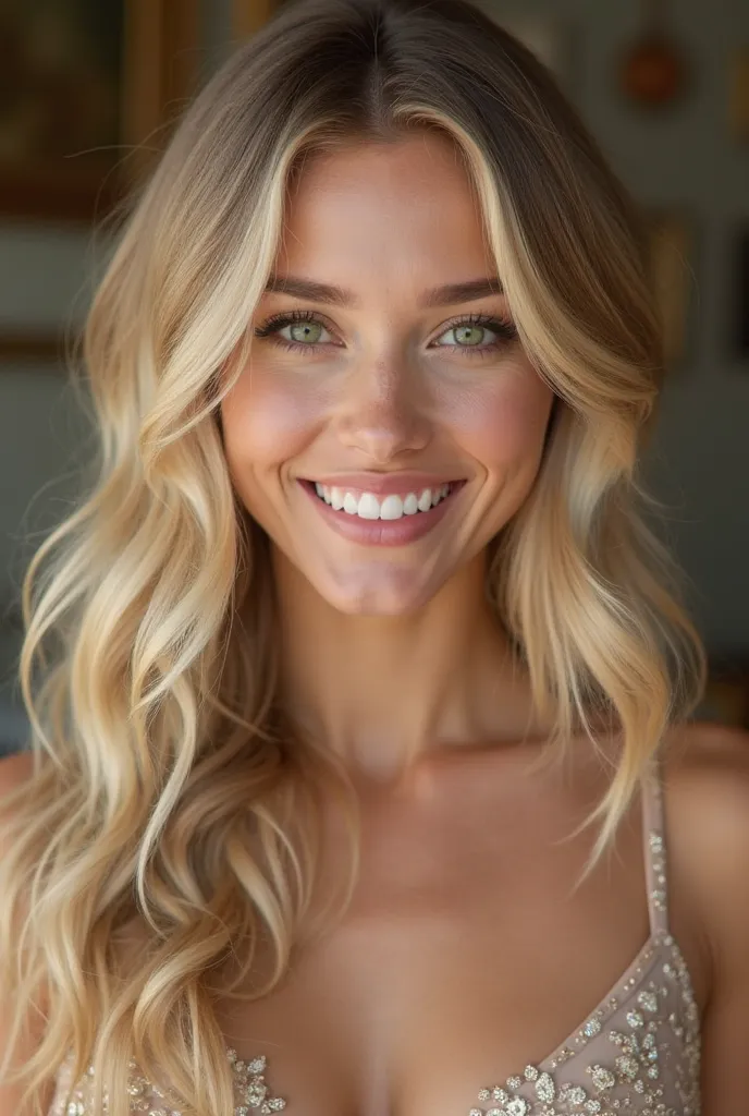 Create an image of a woman, with long blond hair,  slightly wavy, 27 years old,  with striking green eyes ,  wearing an elegant dress . She must be smiling, transmitting a sense of happiness and love.  The background can be soft and cozy ,  complementing h...