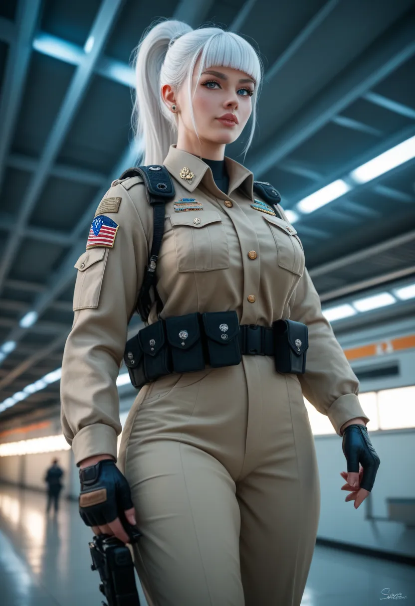 A high-ranking female soldier, feared wherever she goes, a perfect fusion of modern military and arcane magic, depicted in an anime style. She is fully visible, wearing a pristine white military uniform with a tactical vest, multiple pouches, utility belts...