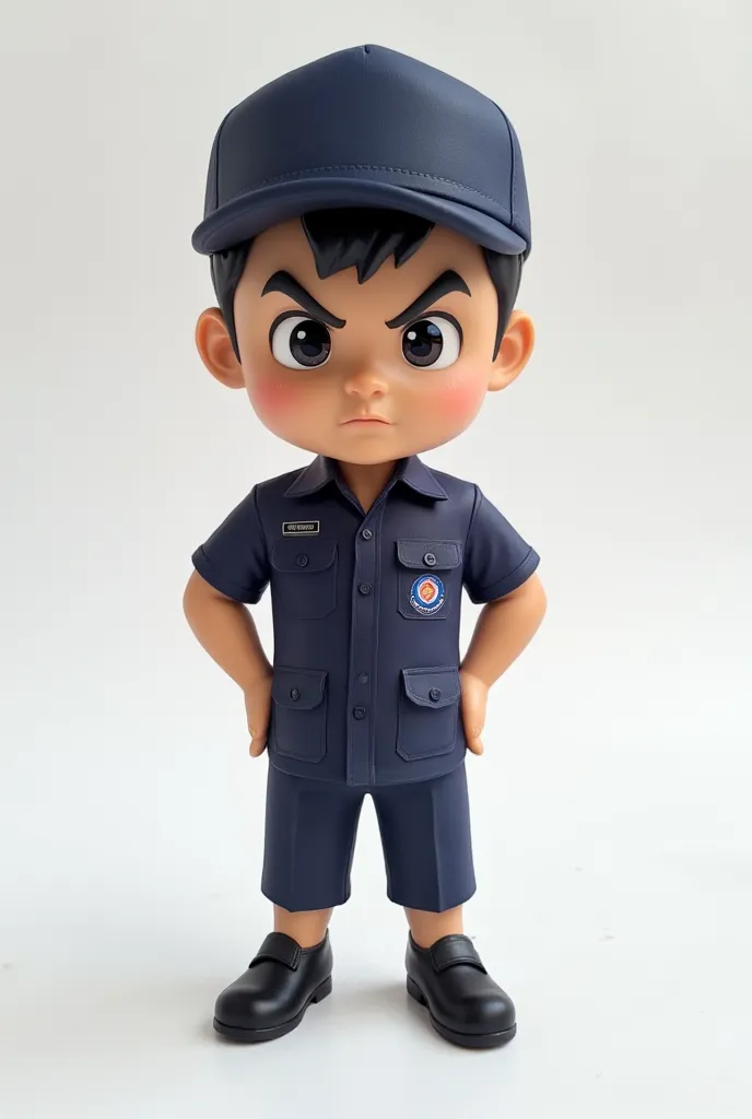 Chibi style 3D cartoon illustration of a Thai soldier in a dark blue short-sleeved uniform, dark blue slacks and a hat, showing an angry or irritated expression, standing with hands on hips in a confident or defiant pose. The body is small and cute in chib...