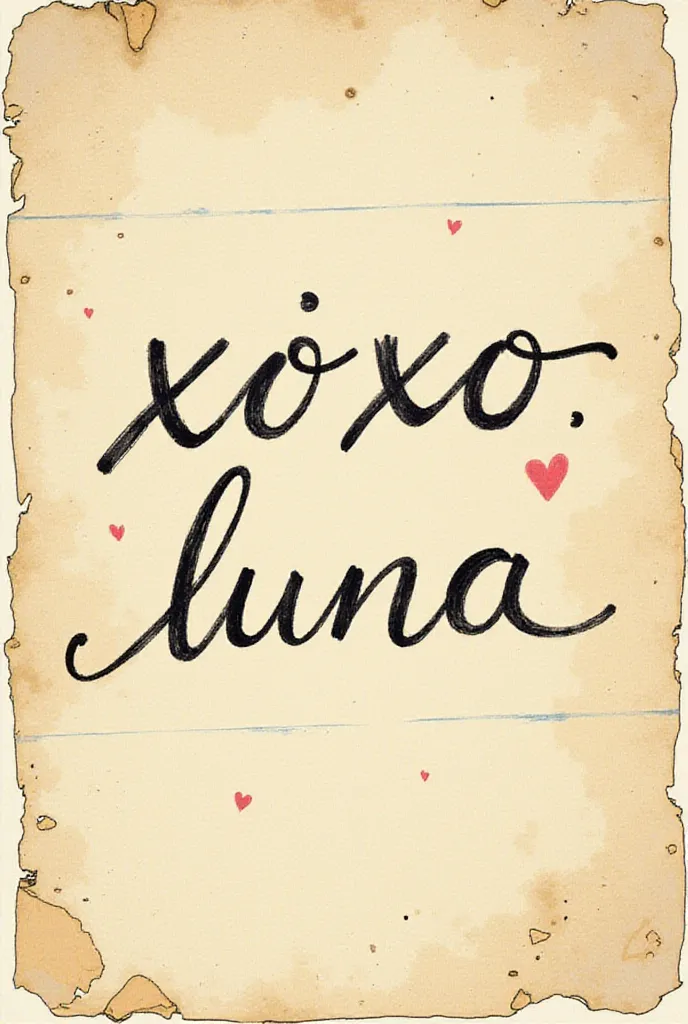 A handwritten note, vintage, note says "xoxo, Luna"