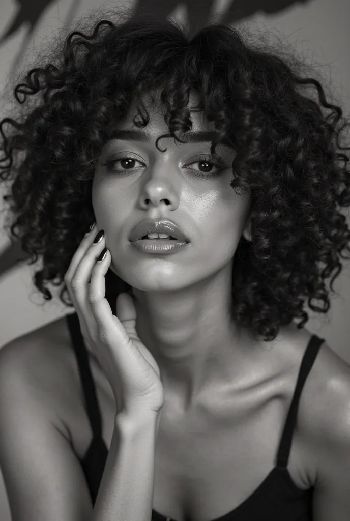 A young woman with curly and voluminous hair poses for an artistic black and white photo. She wears a top with thin straps and has a calm look, with shiny lips and soft expression. Her hand supports her face in a relaxed way, and the background contains gr...