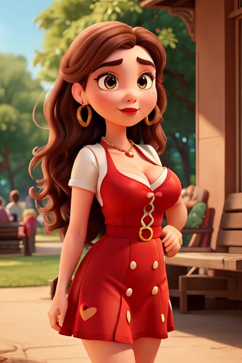 create a Disney Pixar-style 3D poster capturing a scene of a 25-year-old woman with a plump body, full breasts, long wavy hair, fair skin, black eyes and brown hair, well-set eyebrows, red lipstick, large heart earrings, holding a furry cat.
earrings, wear...