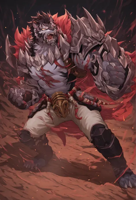  masterpiece,best quality,amazing quality,  1 boy , alone,  y40, furry male,  Face Armor Gear , Red Feathers , Gauntlets, Spiked armor, spiky shoulder armor, White pants, full body, attack,