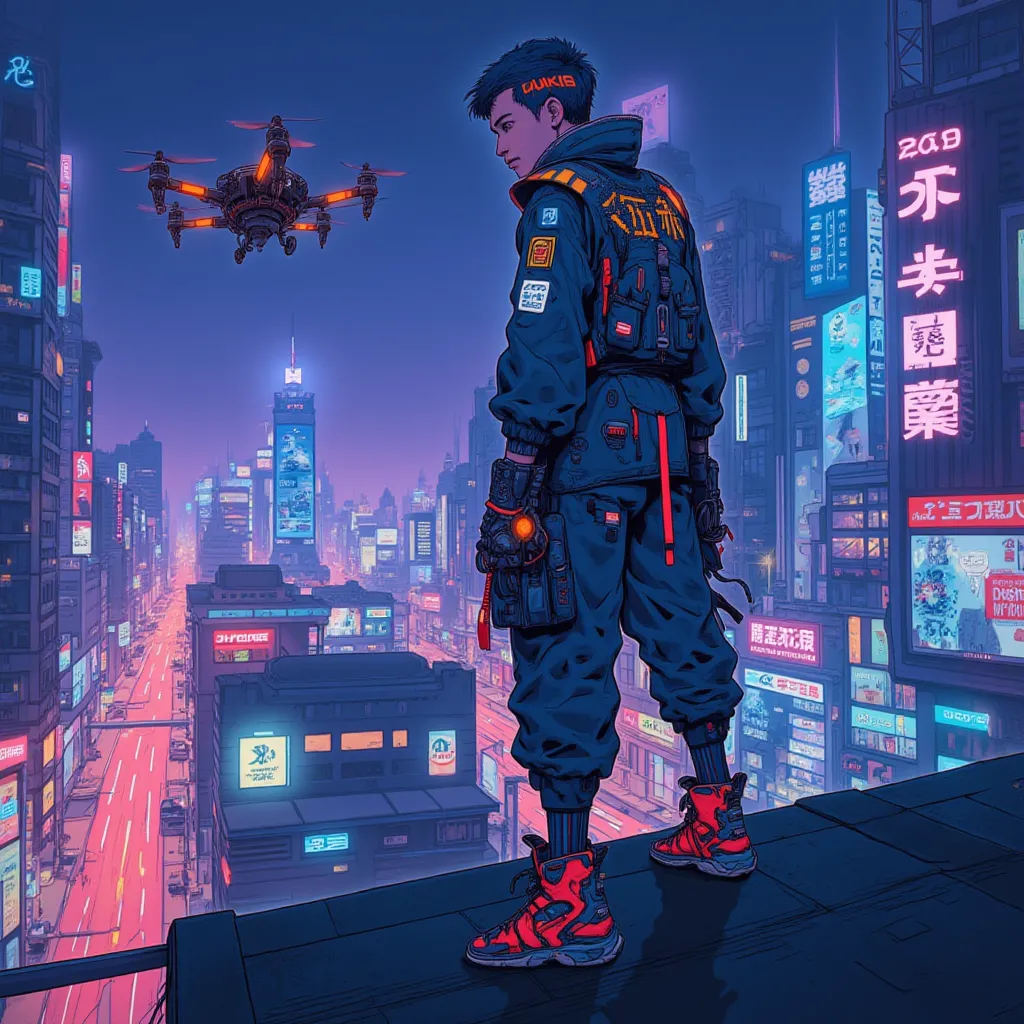 Movie poster style. Modern futuristic look inspired by cyperpunk world aesthetic . Urban life. Night scene with vibrant colorful led lights. A 22 year old man wear a blue and red cyperpunk outfit style. Standing on the edge of building roof. Besides him a ...