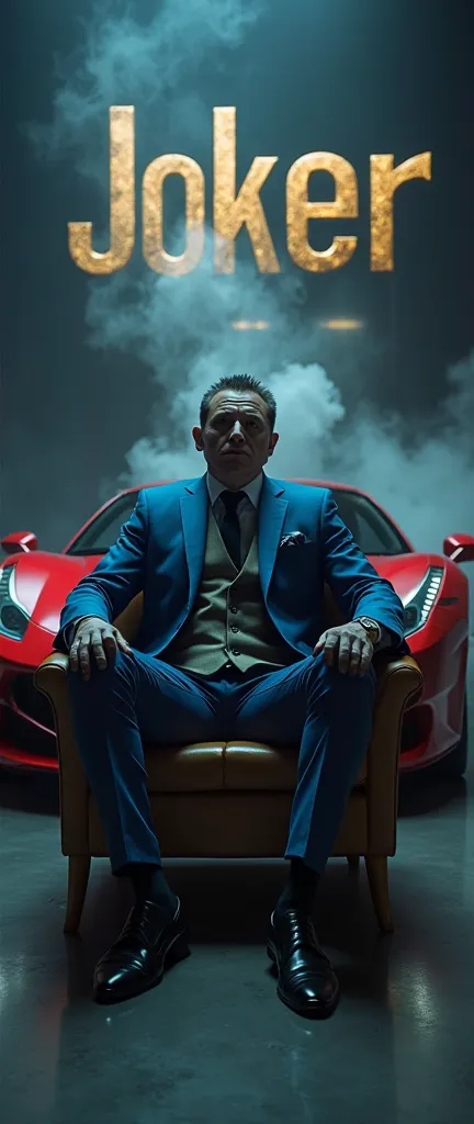 A joker man And the red gold Ferrari car wearing a blue suit, blue pants, black shoes sitting on a chair with a sharp gaze at the camera Dark room feel and white smoke There is writing on the wall, joker, with realistic HD image quality 