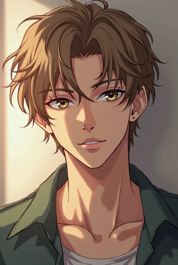 An semi realistic anime picture of a hot guy with brown greenish eyes and loose curly short light Brown hair, half body portrait, different arstyle more realistic, pale skin, medium nose