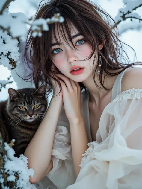 8k, excellent work, Top Quality, Close-up,  eye level ,  Brown hair with light purple highlights, White skin, blue eyes, Hanging Earrings,  calm facial colors , แมวสี dark brown , yellow eyes (), Nude Evening Dress, , Tool , Flow, Romantic, winter backgrou...