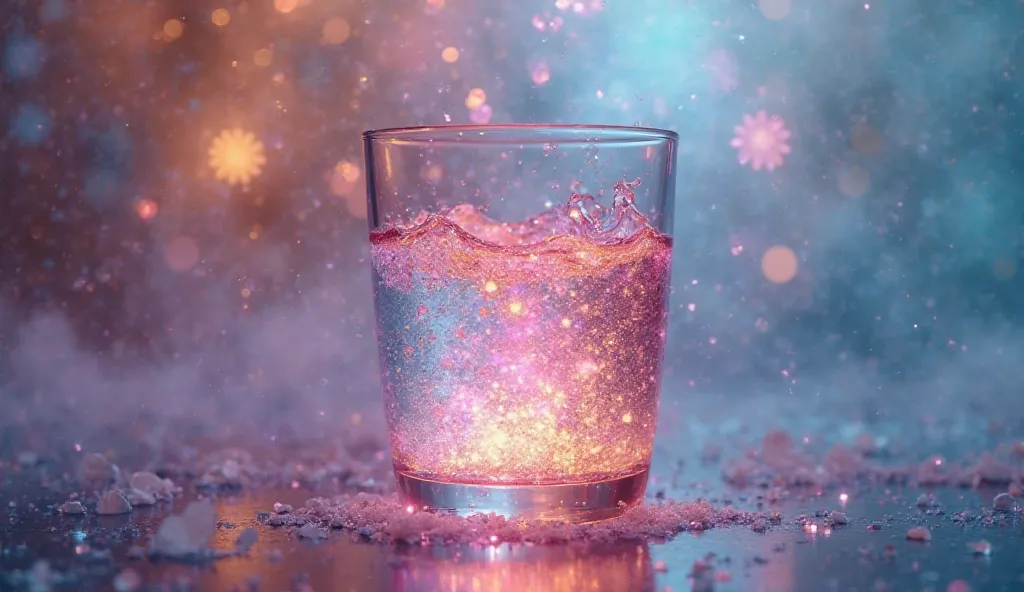 A close-up image of a clear glass of water glowing with radiant, colorful energy, surrounded by ethereal light waves. The water seems charged with positive energy, and the background is soft and blurred in pastel colors, symbolizing intention and manifesta...