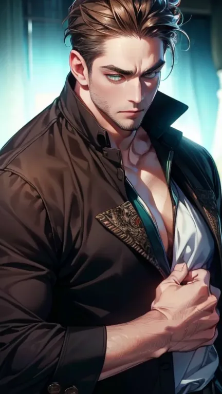 (  better quality,4K,8k,   highres,  masterpiece :1.2),  breasts  ,(Realistic,photoRealistic,photo-Realistic:1.37),36-year-old man,3 day beard,Beautiful anime,Portraits,strong,masculine,    with dark hair  ,sharp jaw,     mesmerizing green eyes   ,    perf...