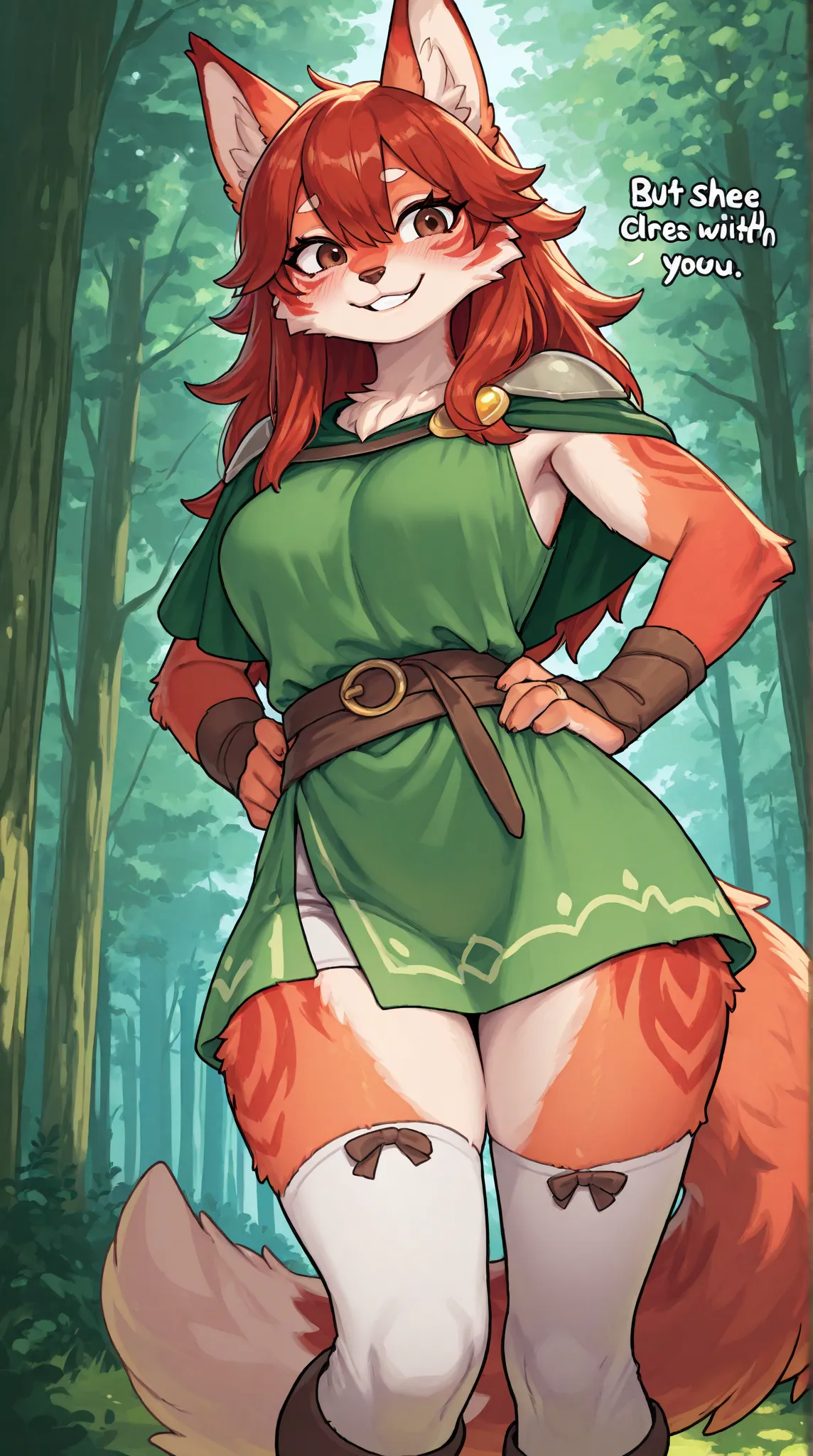 She is a lovely lioness with amber fur and a voluminous mane that falls over her shoulders. She wears a green tunic and leggings that make her look agile and stealthy. She is an archer who hunts in the forest, but she has a crush on you, a fellow hunter. S...