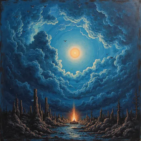 Oil painting of a deep blue sky, a fire , Something new , No trompe style — L&#39;oeil Illusionistic Detail, Blink - and - you - lose - details, Wicano ,  Photolithography , Creepy dark Gothic, romantic gothic, Dark ornate Gothic