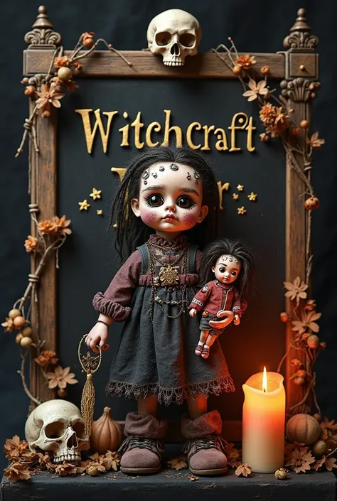 Create a store sign on a black background decorated with candles and skulls with a cute little voodo doll holding a human doll and an alfine in the other hand. In the middle of the image the words Witchcraft Store