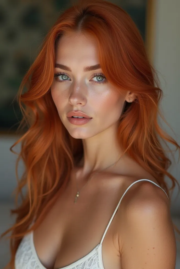 A viral digital influencer, a 25-year-old young woman with a effeminate face and delicate hands. Her fair skin contrasts with her long vibrant red hair, that gently descends her shoulders. Her body is defined and attractive, Strategically beautiful ex. Add...