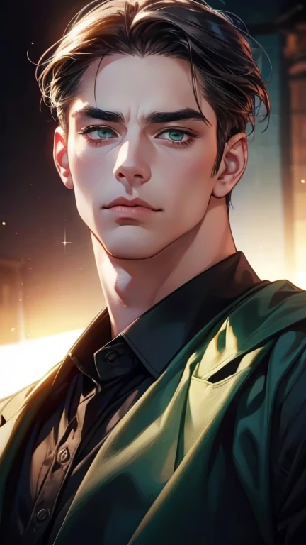 (  better quality,4K,8k,   highres,  masterpiece :1.2),  breasts  ,(Realistic,photoRealistic,photo-Realistic:1.37),36-year-old man,3 day beard,Beautiful anime,Portraits,strong,masculine,    with dark hair  ,sharp jaw,     mesmerizing green eyes   ,    perf...