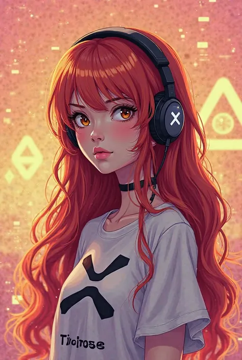 An attractive girl with vibrant long red hair and hazel eyes stands gracefully in a crisp, pixel-art style, adorned with a modern, sleek headset and a shirt emblazoned with "XRP": The background is a gradient of warm golds and pinks, softly illuminated by ...