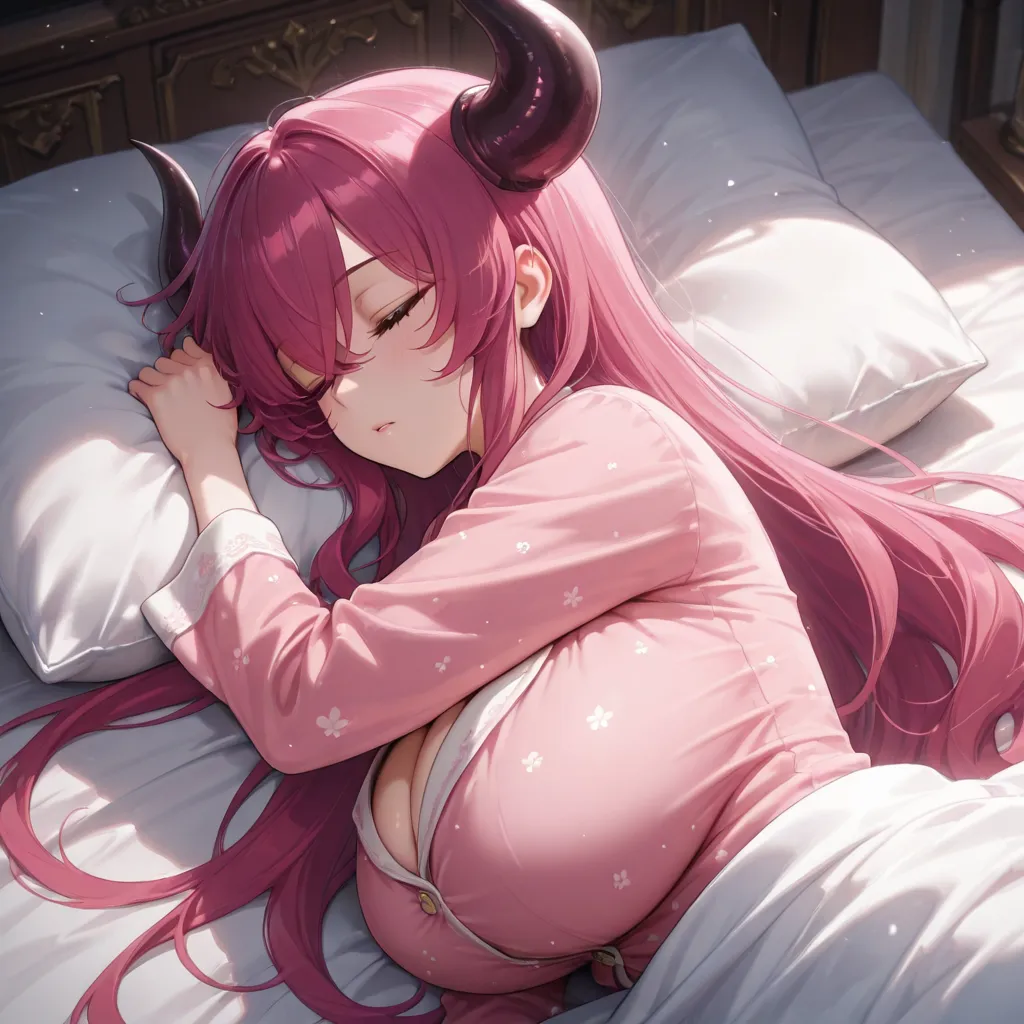 ((solo)), from side, sleeping, 💤, lying, lying on side, closed eyes, upper body, 1girl, Dyzenia Dracour, long hair, pink hair, v bangs, horns, huge breasts, pajamas, blanket, Break, pillow, bed, indoors, bedroom, amazing masterpiece, top quality, high fash...