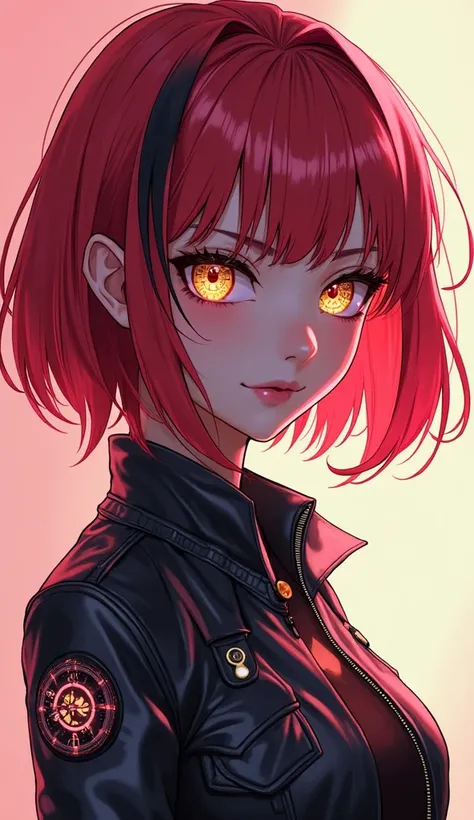 A stylish anime girl, half-length portrait, bob cut with soft waves, fiery red with black streaks, wearing a leather jacket with glowing patches, cyberpunk style, neon accents, highly detailed, soft lighting, golden irises with intricate clockwork reflecti...