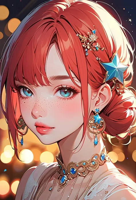 1girl, solo, jewelry, blue_eyes, earrings, star_hair_ornament, red_hair, star_(symbol), dress, blurry, bokeh, looking_at_viewer, hair_ornament, night, freckles, night_sky, star_(sky), constellation, lips, sky,.