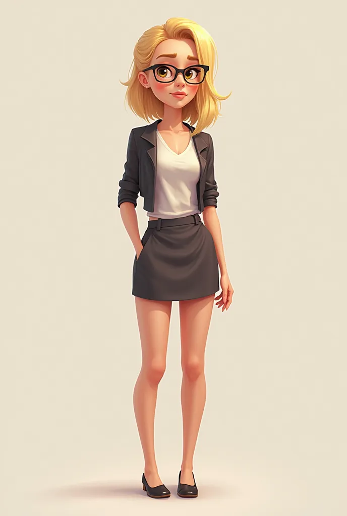  create a female character ,  Woman, Common, with light brown almond-shaped eyes, blonde, Straight hair,  with a rounded face ,  Sharp nose, defined and plump lips,  wears glasses,  has a defined body ,  thin waist, firm and rounded breasts, defined and ro...