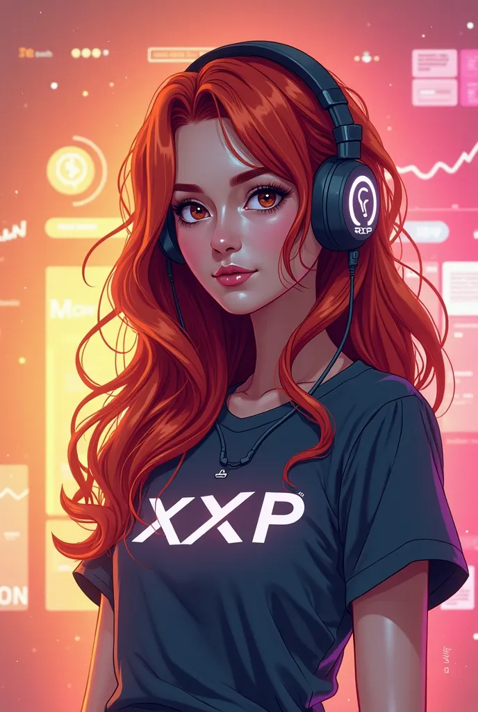 An attractive girl with vibrant long red hair and hazel eyes stands gracefully in a crisp, pixel-art style, adorned with a modern, sleek headset and a shirt emblazoned with "XRP": The background is a gradient of warm golds and pinks, softly illuminated by ...