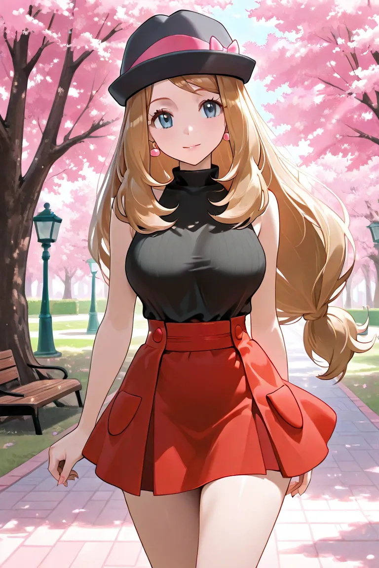 Serena from pokemon, she is pretty young girl,she has yellow long hair, she has medium size breast, she wears a fit elegent hat red skirt and black top, she wearing a earrings, she smiles gently, she looking at front, she stand at park , in high picture qu...