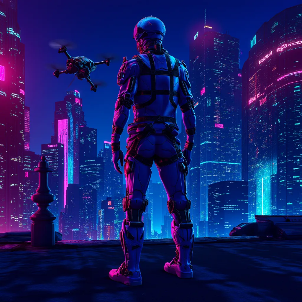 Movie poster style. Modern futuristic look inspired by cyperpunk world aesthetic . Urban life. Night scene with vibrant colorful led lights. A 22 year old man wear a blue and red cyperpunk outfit style. Standing on the edge of building roof. Besides him a ...