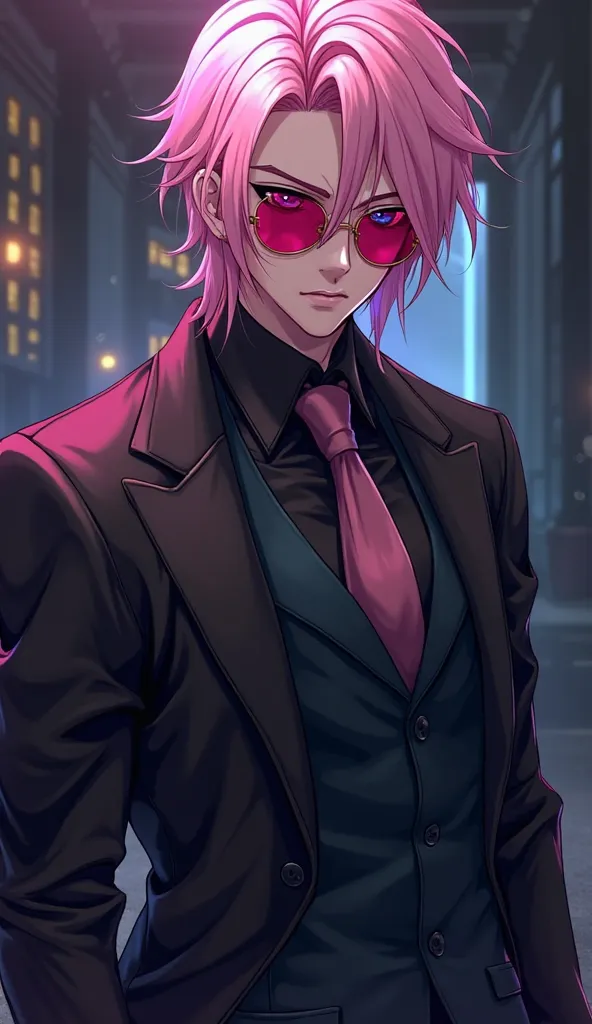 A anime male with hot pink shades and his hair back x mafia boss and he has light pink hair and 1 pink eye and 1 blue eye he is wearing boss suit