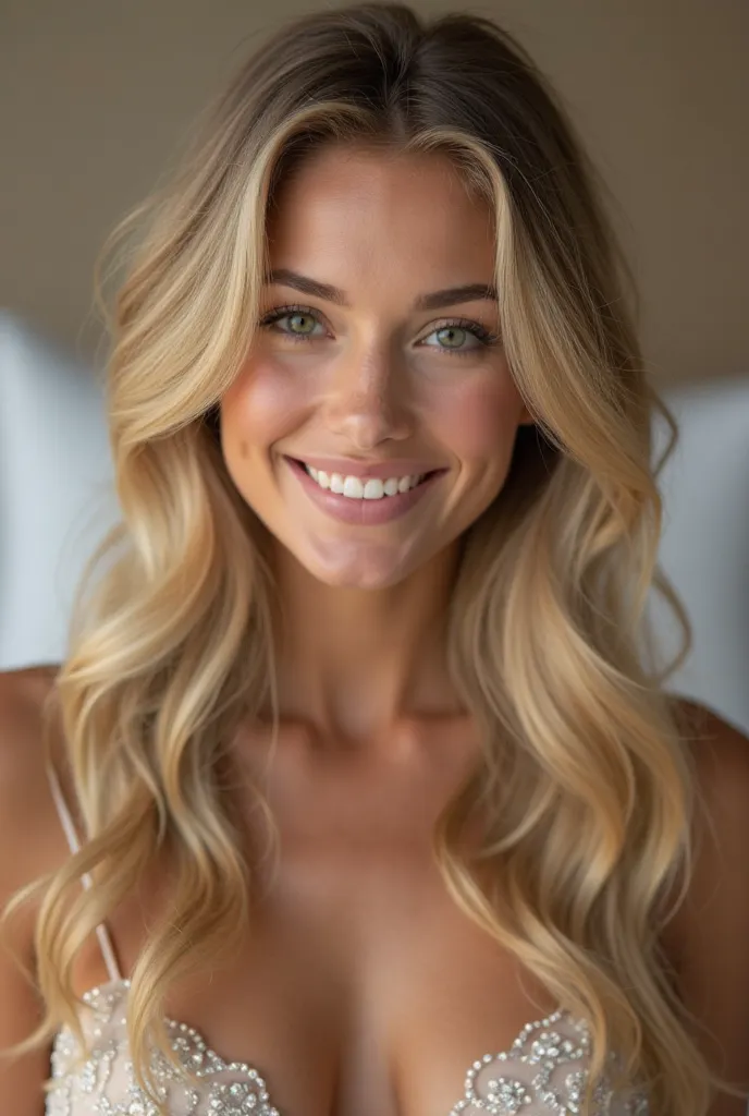 Create an image of a woman, with long blond hair,  slightly wavy, 27 years old,  with striking green eyes ,  wearing an elegant dress . She must be smiling, transmitting a sense of happiness and love.  The background can be soft and cozy ,  complementing h...