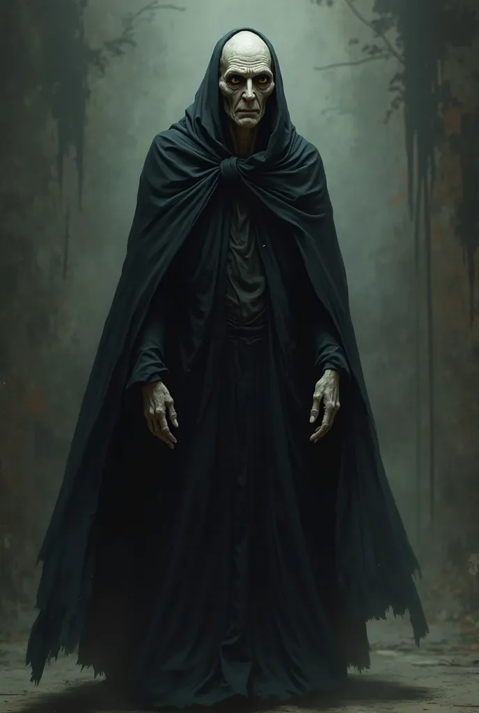 A pale old man in a long loose-fitting robe and wearing a black cape 