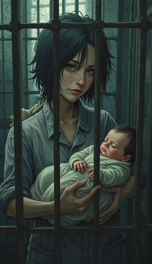 ager with a serious expression, sad and worried with a newborn baby in your arms, locked in a cage with muted background colors, Anime effect 