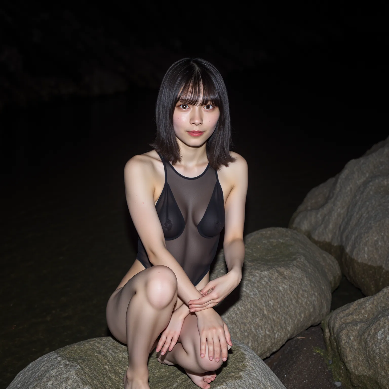  has bangs、20 year old young Asian woman   ,   she was so sexy   ,    I'm 160 cm tall.  She's wearing a see-through sexy swimsuit. She has a sensual look、At the school pool on a dark night 、Butt facing pose ， I'm looking at the camera、She's so white     . ...