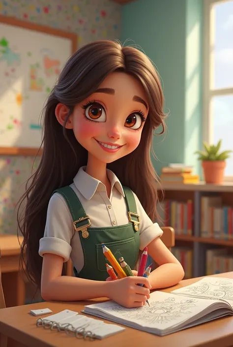 Disney Pixar-style image of a preschool Teacher, long straight hair, loose and brown , wearing teacher uniform, with braces and smiling as she teaches her class to young ren in a very colorful room full of drawings. Say Tefy Life Builder