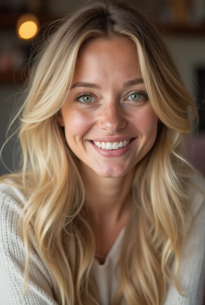 Create an image of a woman, with long blond hair,  slightly wavy, 27 years old,  with striking green eyes . She must be smiling, transmitting a sense of happiness and love.  The background can be soft and cozy , complementing her cheerful expression. 