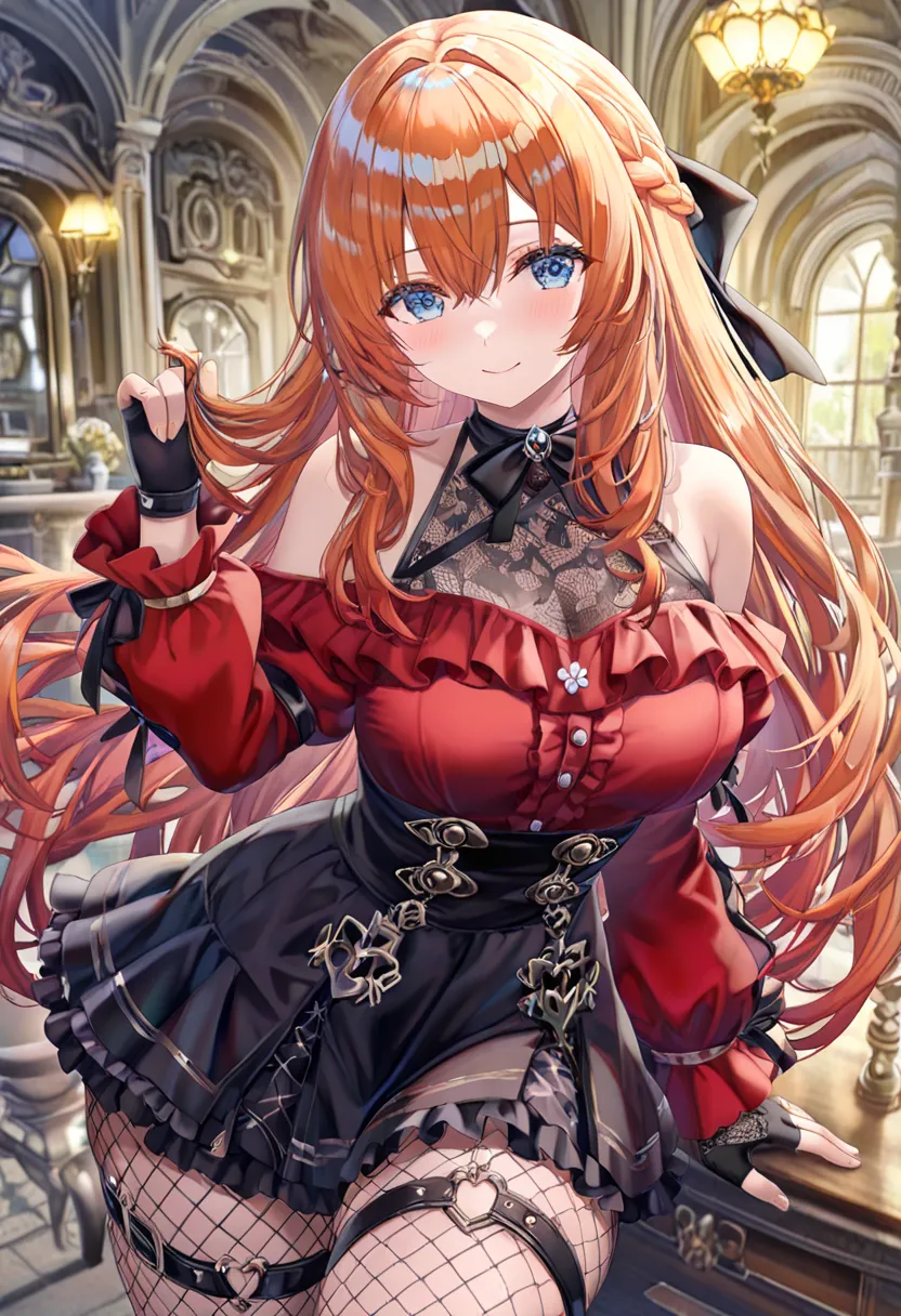 masterpiece, best quality, very aesthetic, absurdres, safe, 1girl, long hair, large breasts, blush, smile, bangs, blue eyes, red shirt, gloves, long sleeves, hair between eyes, bare shoulders, very long hair, french braid, fishnet pantyhose, frills, sleeve...