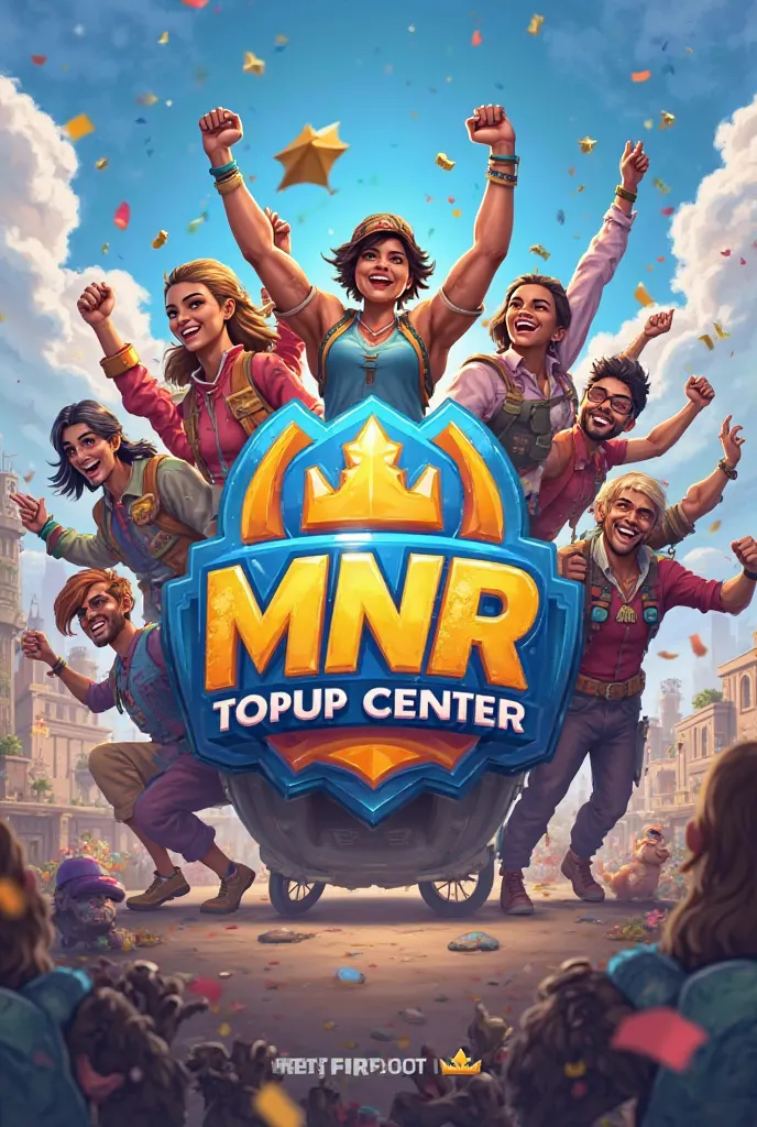 Make the logo of MNR TOPUP Center with freefire players arround it who have won the giveaway from MNR TOPUP Center 