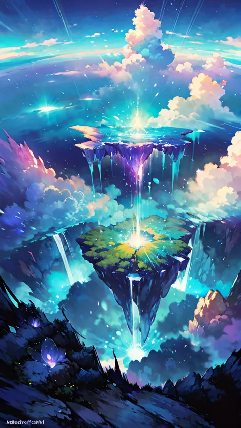  and visualize enchanting scenes from the grand world of romantic dreams. There are complex floating islands all around., Fluffy Clouds, Waterfall from a floating island, And vibrant, Dreamy Atmosphere.  An atmosphere full of wonder and silence . Along wit...