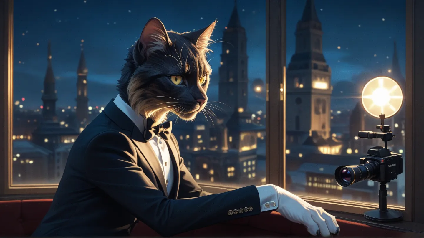 **"A sleek, mysterious black cat with glowing yellow eyes, sitting on a windowsill at night. The moonlight softly illuminates its glossy fur, casting shadows on the wall behind it. The cat has sharp, elegant features and a subtle, almost magical aura, blen...