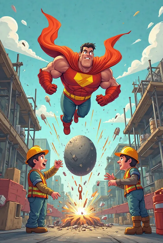 Make a cartoon image in which a worker is shown working without a safety helmet and some heavy object is falling on him and a super catches the falling object while it is flying 