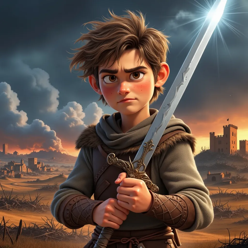 - A 17-18-year-old young warrior named Eliott, with messy hair and a determined expression, stands in a devastated landscape, with burnt fields and ruined villages in the background.
- He grips his sword, eyes filled with despair but also a burning determi...